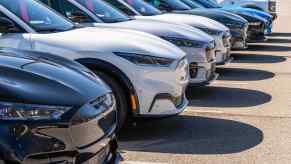 Row of Ford Mustang Mach E EVs and Ford Broncos