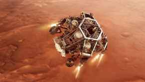 NASA's Perseverance landing on Mars with thrusters going