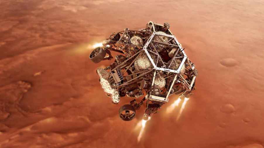 NASA's Perseverance landing on Mars with thrusters going