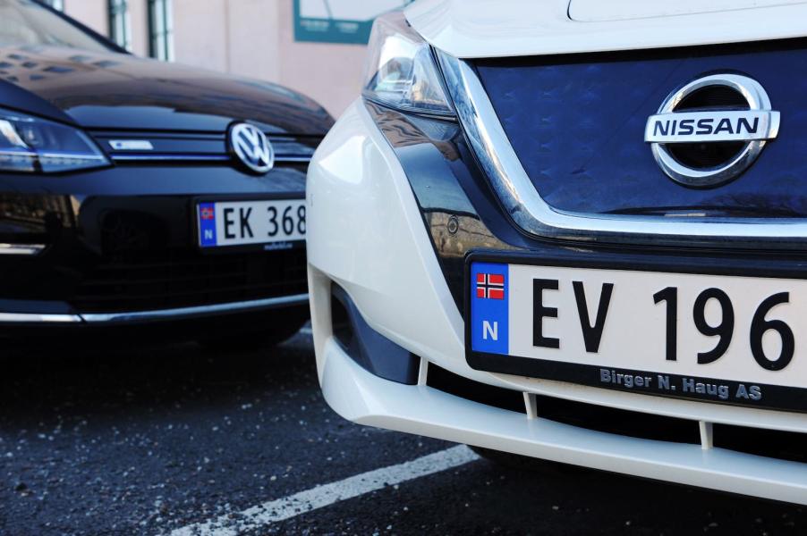 Norwegian EVs parked on the street in Oslo, Norway.