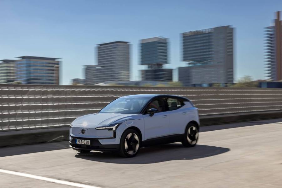 A Volvo EX30 EV shows off its Cloud Blue paintwork.