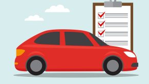 An illustration of a red car parked in right profile view with a large clipboard and checklist behind it with clouds in sky