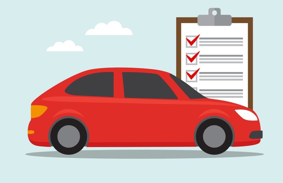 An illustration of a red car parked in right profile view with a large clipboard and checklist behind it with clouds in sky