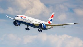 A British Airways flight aboard a Boeing 787-9 Dreamliner landing.