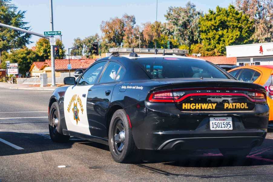 A California Highway Patrol Dodge Charger after it pulled over supercars and other vehicles.