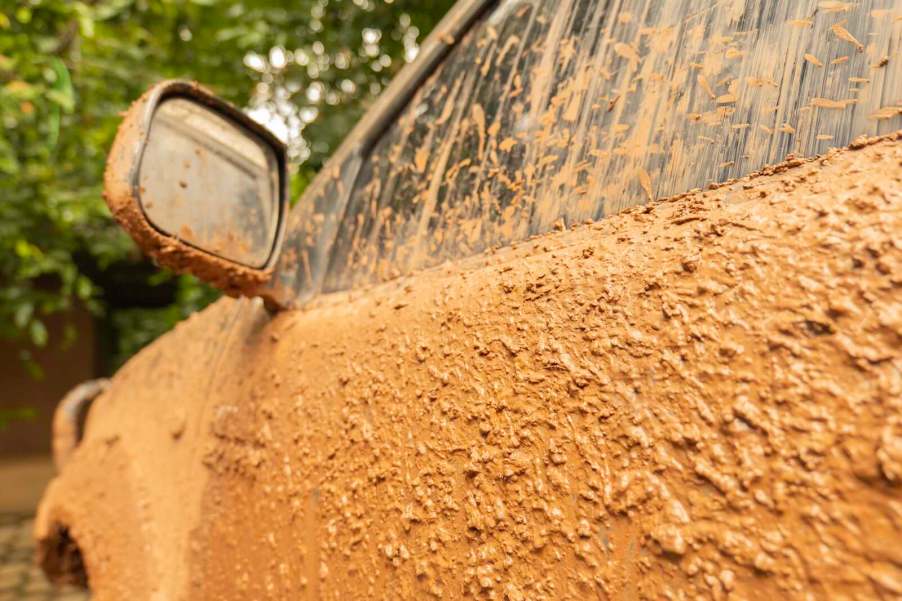 Car door coated with brown mud.