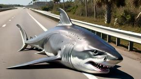 AI render of a shark sitting on a highway in Florida, palm trees visible in the background.