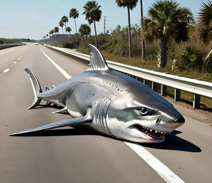 AI render of a shark sitting on a highway in Florida, palm trees visible in the background.