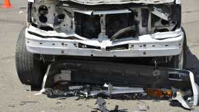 White Chevrolet Silverado pickup truck after crash with a Texas police station.