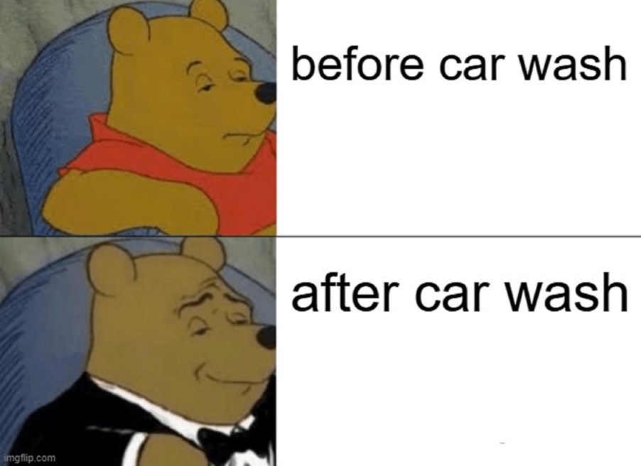 A "Winnie the Pooh tuxedo" driving meme with the text "before car wash" and "after car wash"