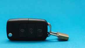 Car key fob with tiny padlock latched on depiction of a car loan