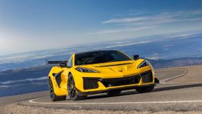 A bright yellow 2025 Chevrolet Corvette ZR1, one of the most powerful cars ever to come out of America, shows off its front end.