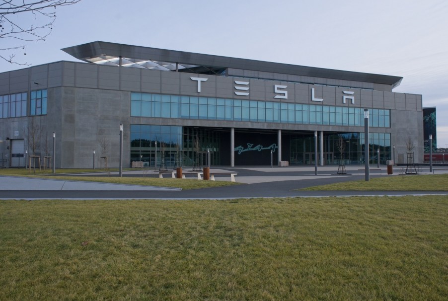 An exterior view of a Tesla Gigafactory building in Berlin, Germany