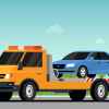 Illustration of flatbed tow truck with blue sedan loaded