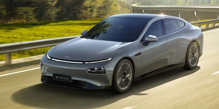 A Chinese EV, the XPENG P7, shows off its Lucid-esque looks.