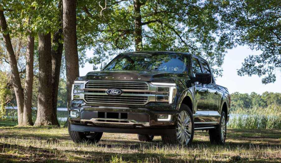 The most popular model among American trucks, a Ford F-150 shows off its front end.