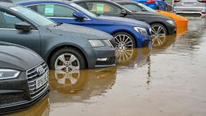 A flooded car lot like the ones in the aftermath of Hurricane Helene shows off its inventory of water-damaged cars.