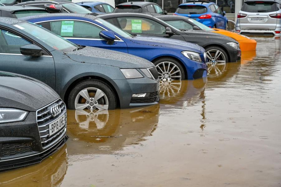 A flooded car lot like the ones in the aftermath of Hurricane Helene shows off its inventory of water-damaged cars.