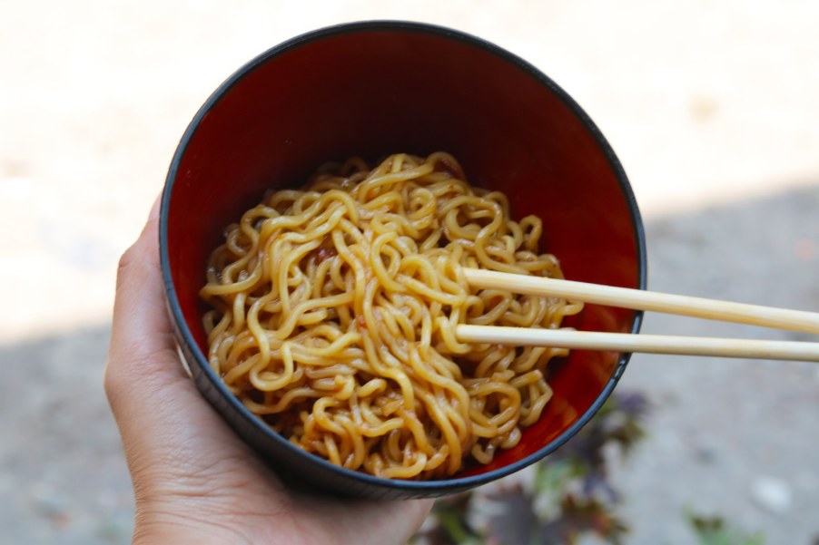 Cup of noodles for breakfast in Tokyo Metro station