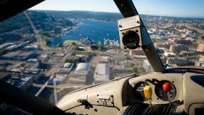 View of Seattle from the cockpit of an airplane coming in for a landing.