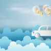 Paper art depiction of car loan deferments leading to a balloon payment with a car floating via balloons filled with money signs above some clouds