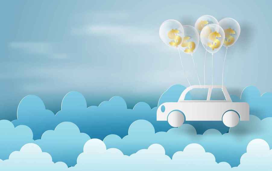 Paper art depiction of car loan deferments leading to a balloon payment with a car floating via balloons filled with money signs above some clouds