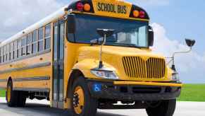 A school bus parked in right front angle view