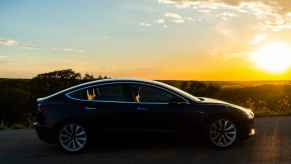 A dark-colored Tesla EV parked in full right profile view at sunset